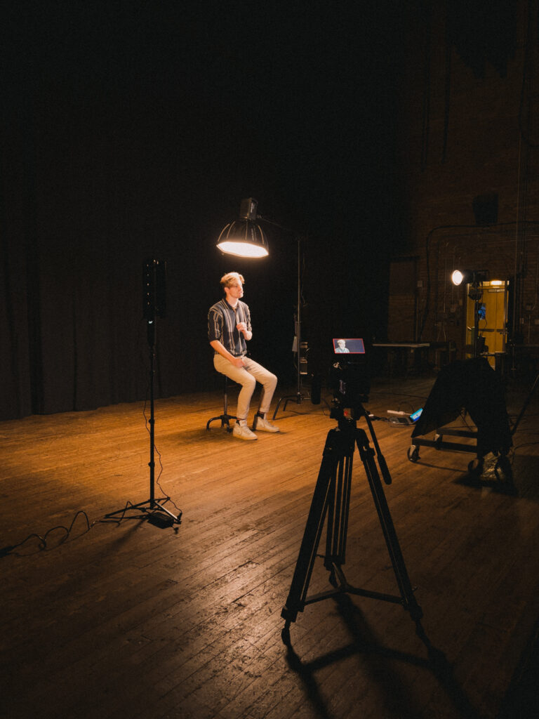 Video production interview setup with dramatic lighting